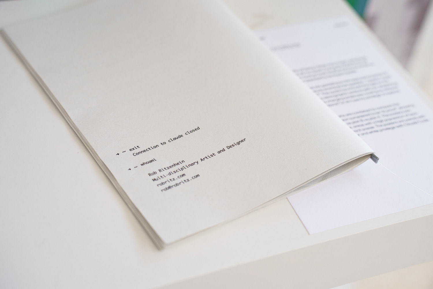 Close-up of a booklet page styled as a terminal session ending with 'whoami', showing Rob Ritzenhein, Multi-disciplinary Artist and Designer, robritz.com