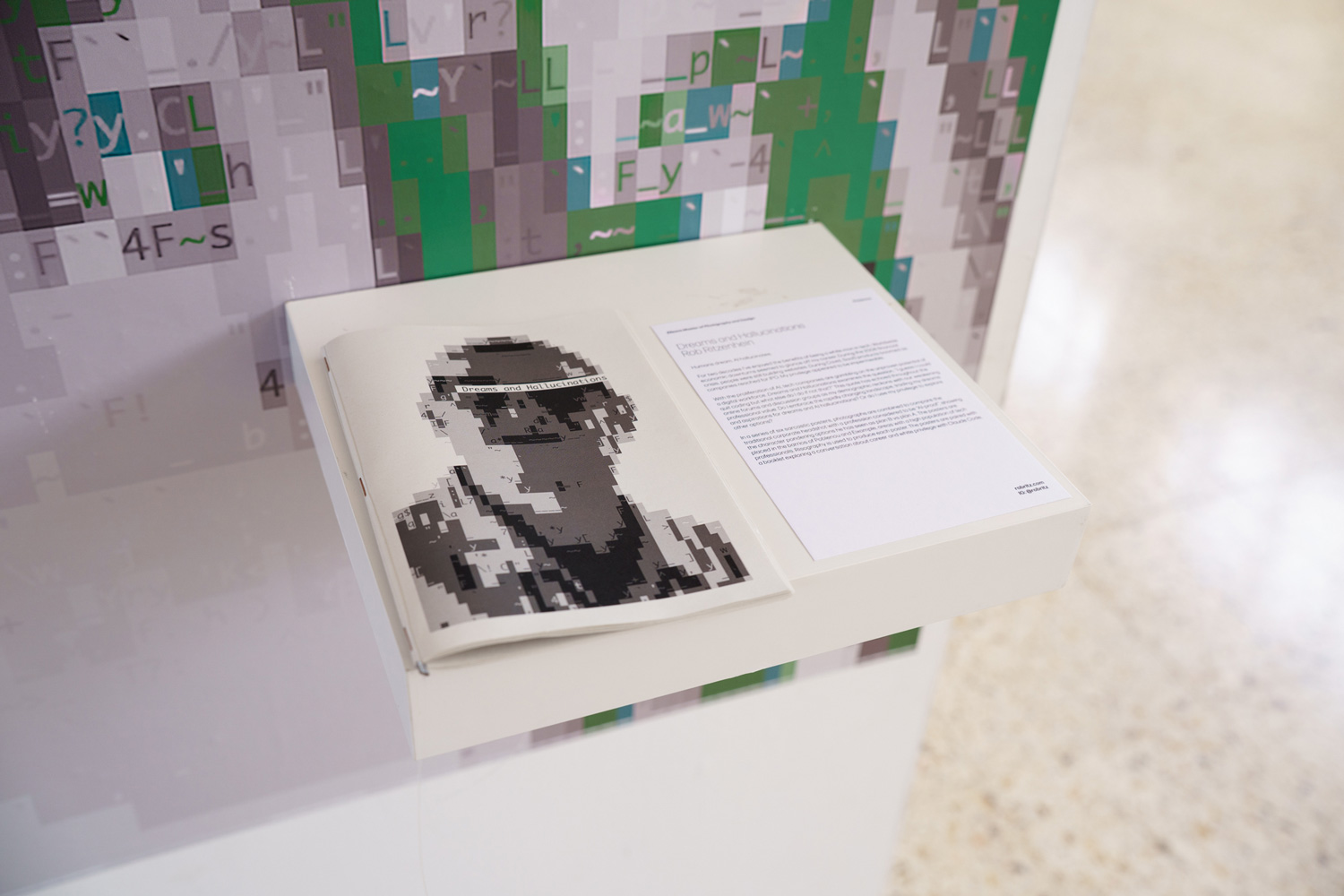 Booklet displayed open on a plinth showing a pixelated portrait titled 'Dreams and Hallucinations' beside a printed text panel