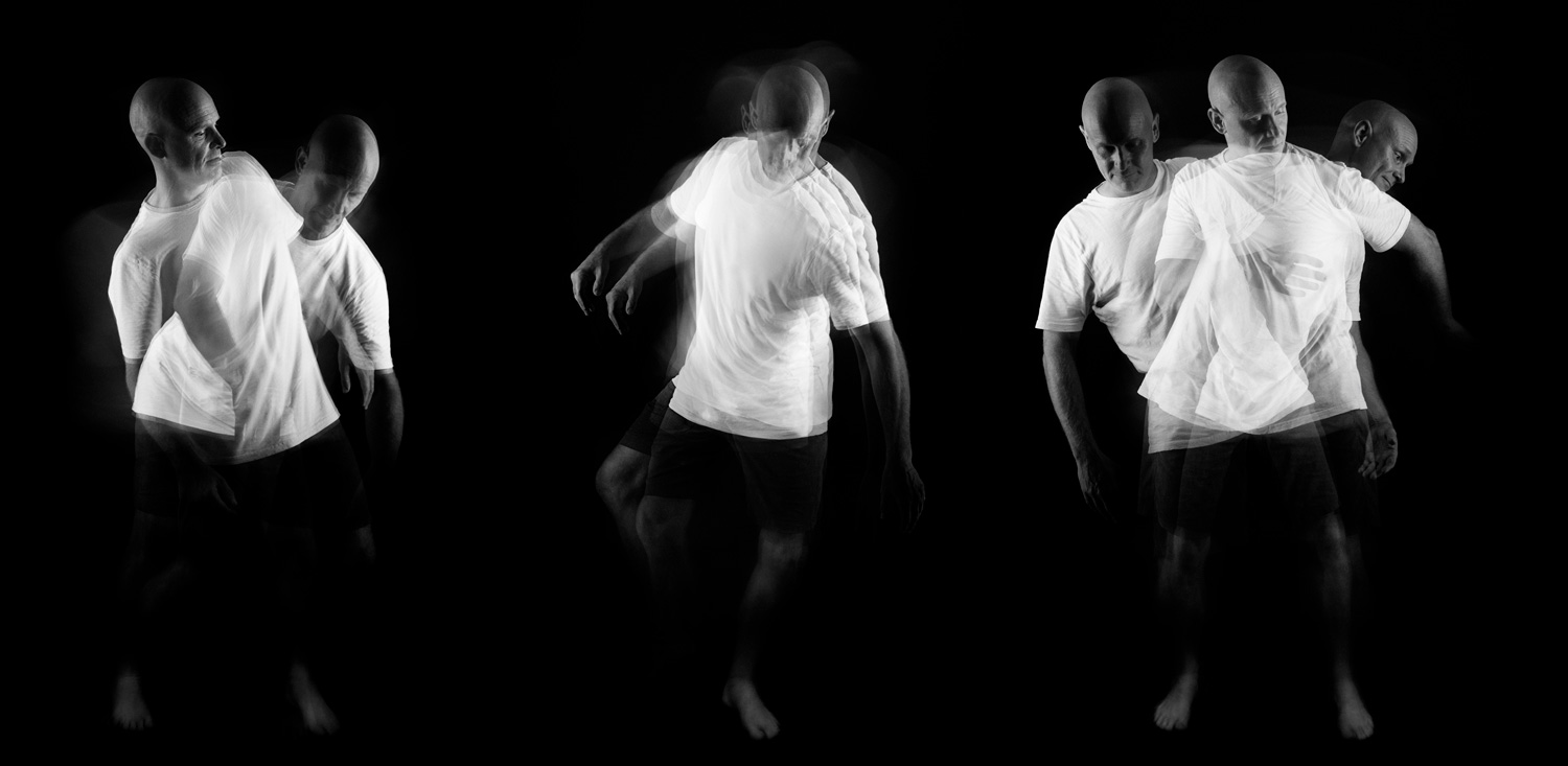 A triptych image of a man moving captured with slow shutter speed