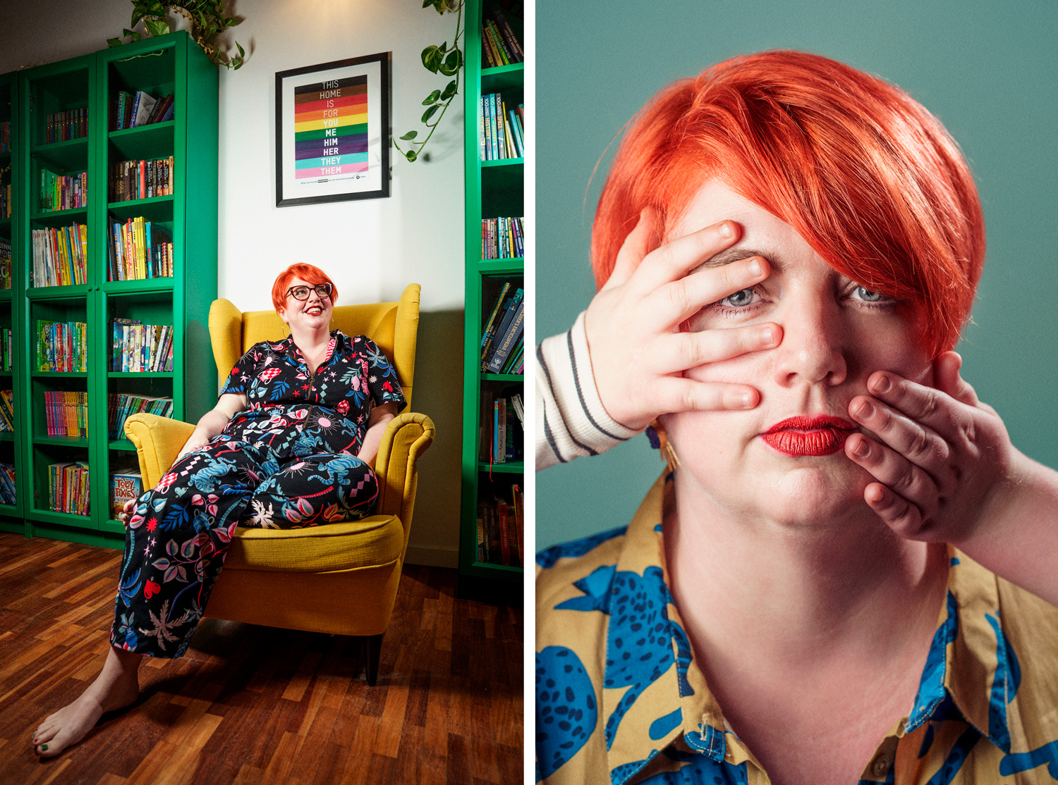 Diptych: Beth seated in a yellow armchair in front of green bookshelves beneath a rainbow pride poster, paired with a close-up portrait of her covering one eye with her hand