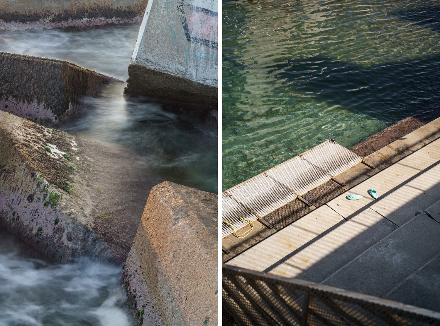 Diptych: long-exposure water rushing between concrete breakwater blocks, paired with an overhead view of sandals left on a wooden dock over clear green water